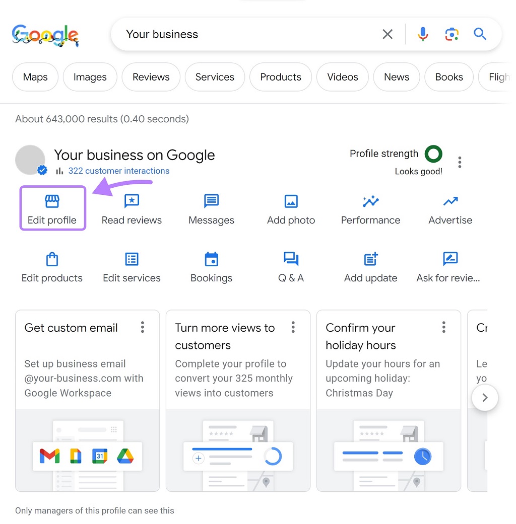 Google my Business : Guide du profil d'entreprise - Bouton « Modifier le profil » sélectionné sur le tableau de bord Google My Business