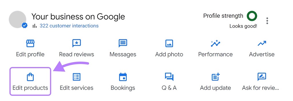 Google my Business : Guide du profil d'entreprise - Bouton « Modifier les produits » sélectionné sur le tableau de bord Google My Business
