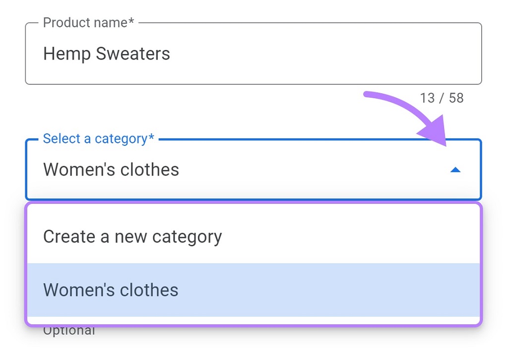 Google my Business : Guide du profil d'entreprise - "Vêtements pour femmes" sélectionnés dans la catégorie de produits