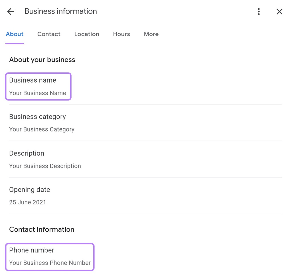 Google my Business : Guide du profil d'entreprise - Page d'informations sur le profil de l'entreprise