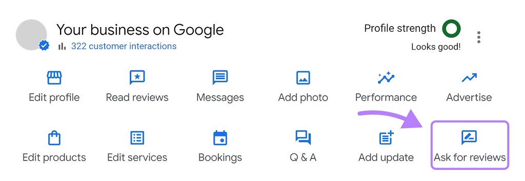 Google my Business : Guide du profil d'entreprise - Bouton « Demander des avis » sélectionné sur le tableau de bord Google My Business