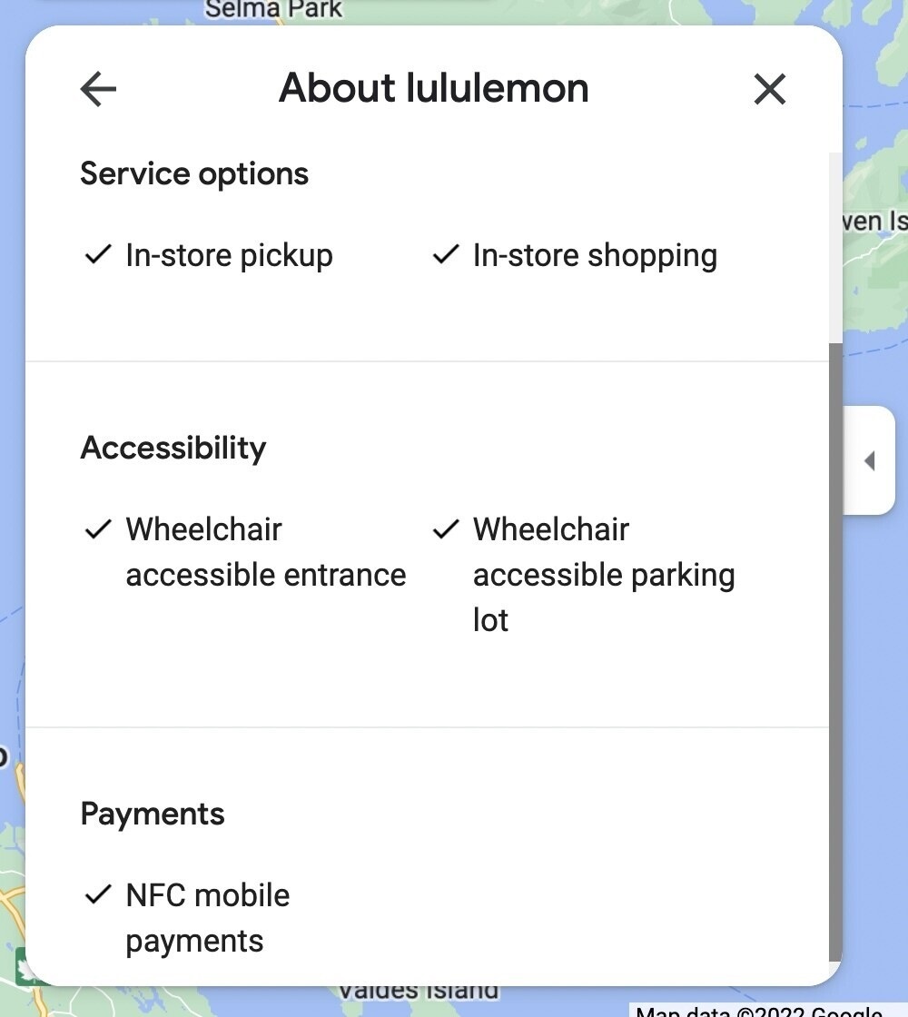 Google my Business : Guide du profil d'entreprise - Le profil Lululemon comprend des attributs tels que « Retrait en magasin », « Achats en magasin », « Entrée accessible aux personnes en fauteuil roulant », « Parking accessible aux personnes en fauteuil roulant » et « Paiements mobiles NFC ».