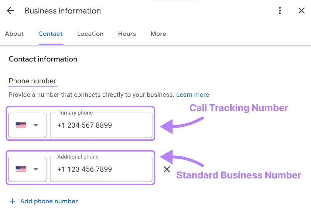 Google my Business : Guide du profil d'entreprise - Section Numéro de téléphone dans le profil Google My Business