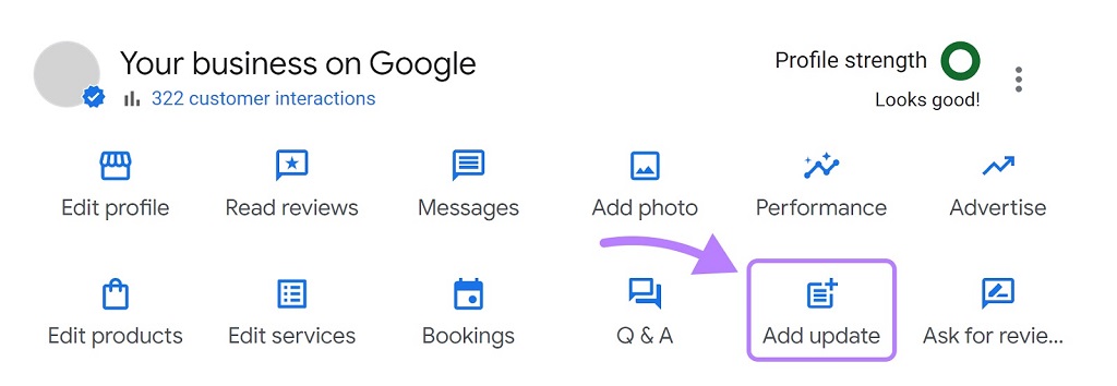 Google my Business : Guide du profil d'entreprise - Bouton « Ajouter une mise à jour » sélectionné sur le tableau de bord Google My Business