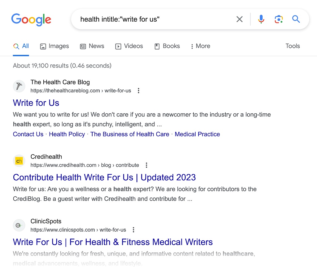 Opérateurs de recherche Google - Page de résultats de recherche Google pour "healts intitle:"write for us"