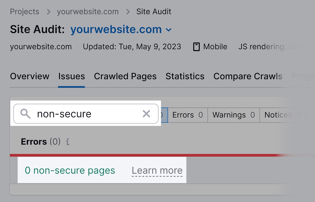 Opérateurs de recherche Google - recherchez « non sécurisé » dans l'onglet « Problèmes » d'audit de site