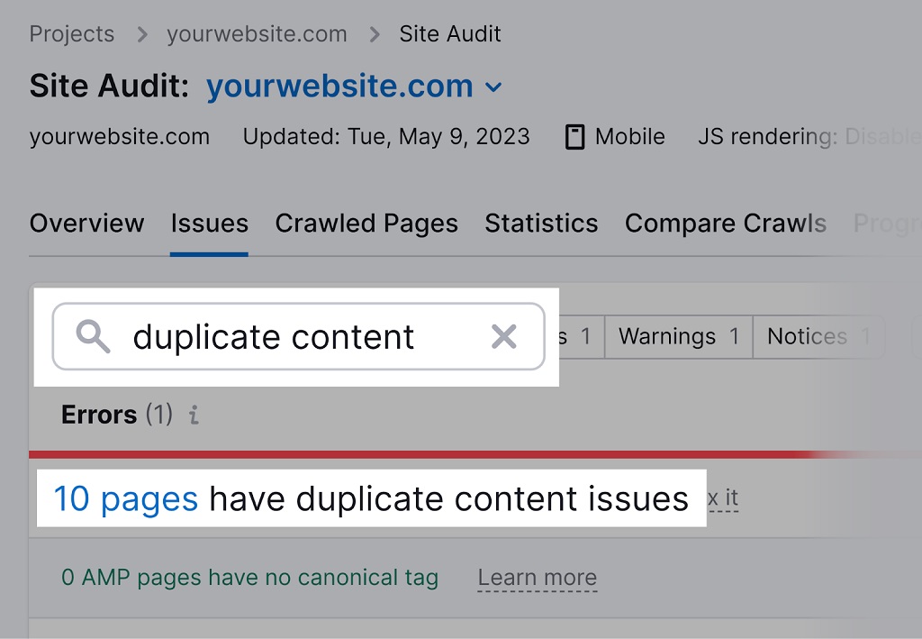 Opérateurs de recherche Google - recherchez « contenu en double » dans l'onglet « Problèmes » d'audit de site