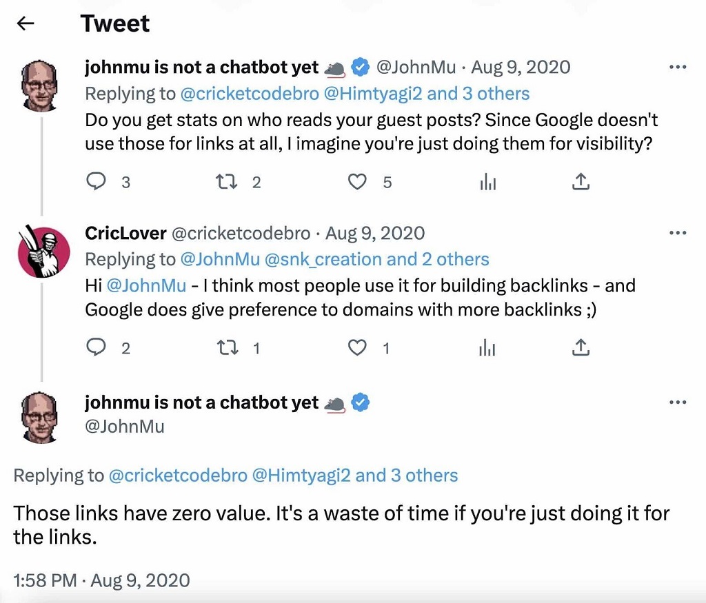 Comment faire du guest posting pour le SEO en 2024 - Le tweet de John Mueller