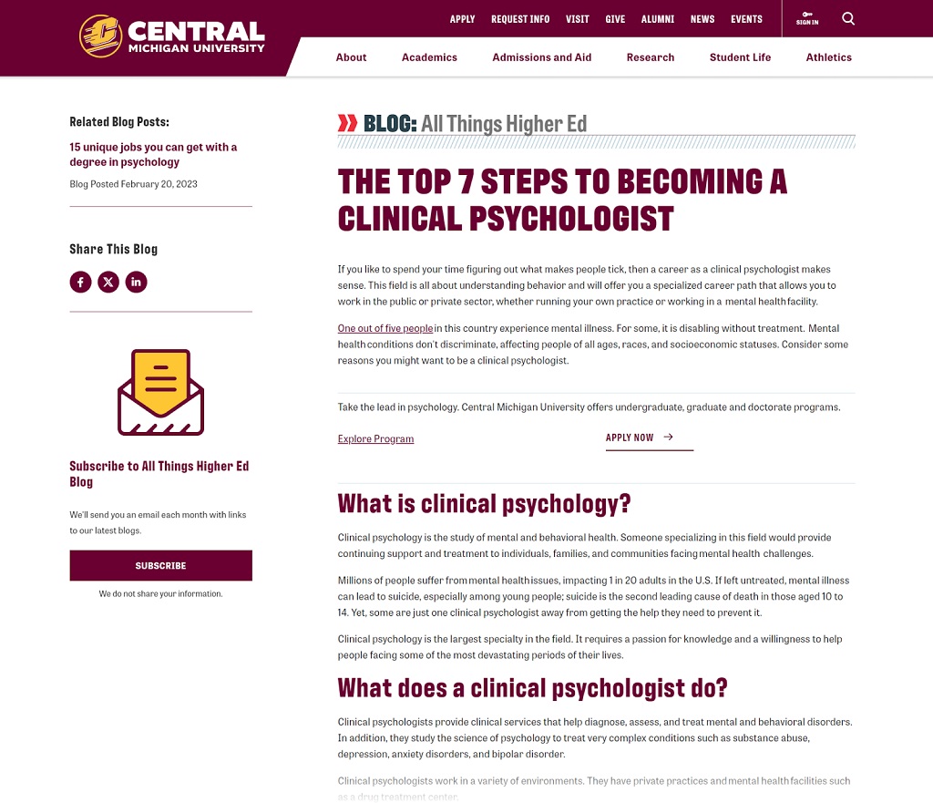 SEO de l'enseignement supérieure : Le guide ultime pour 2024 - Article de blog de la Central Michigan University sur les étapes à suivre pour devenir psychologue clinicien.