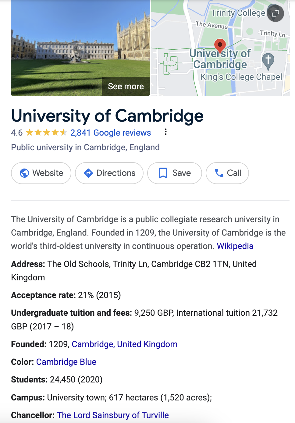 SEO de l'enseignement supérieure : Le guide ultime pour 2024 - Page Google Business de l'Université de Cambridge avec carte, avis et autres détails sur l'entreprise.