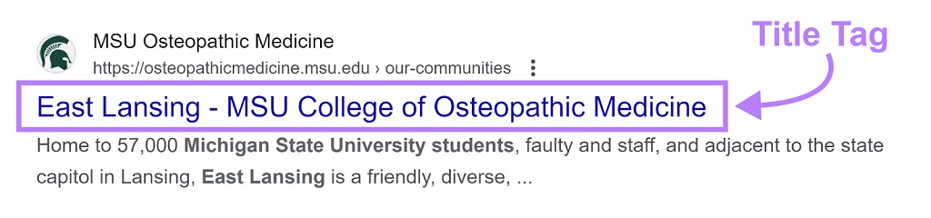 SEO de l'enseignement supérieure : Le guide ultime pour 2024 - Liste SERP pour la page de médecine ostéopathique East Lansing MSU avec balise de titre annotée.