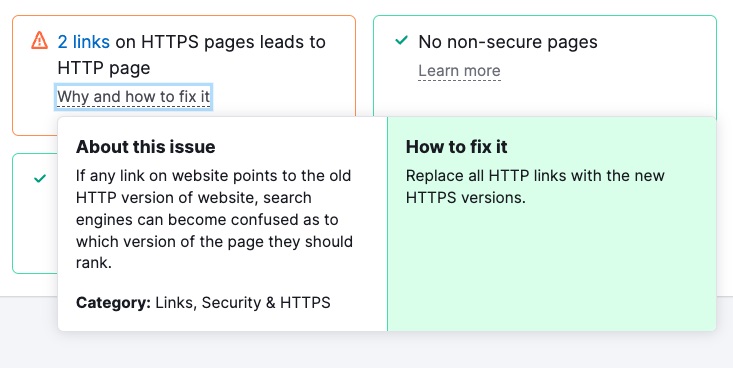 HTTP vs HTTPS : différences, avantages et astuces de migration - Pop-up "Pourquoi et comment y remédier" ouvert sous le bloc "2 liens sur les pages HTTPS mènent à la page HTTP"