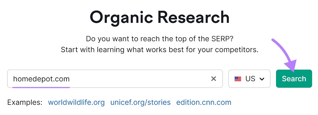 Guide du SEO axé sur les niches : Définition, avantages et stratégie expliqués - "homedepot.com" entré dans la barre de recherche Organic Research