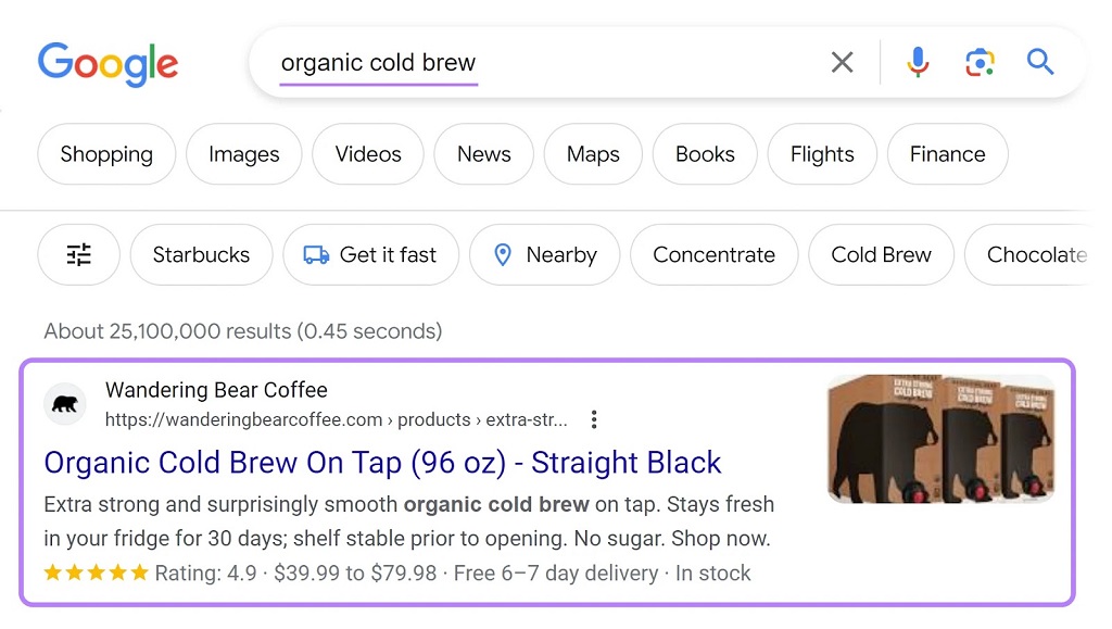 Guide du SEO axé sur les niches : Définition, avantages et stratégie expliqués - Wandering Bear Coffee apparaît en haut du SERP de Google pour la recherche « infusion froide biologique »