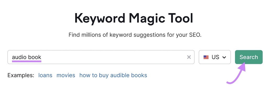 SEO On-Page - "livre audio" saisi dans la barre de recherche de Keyword Magic Tool