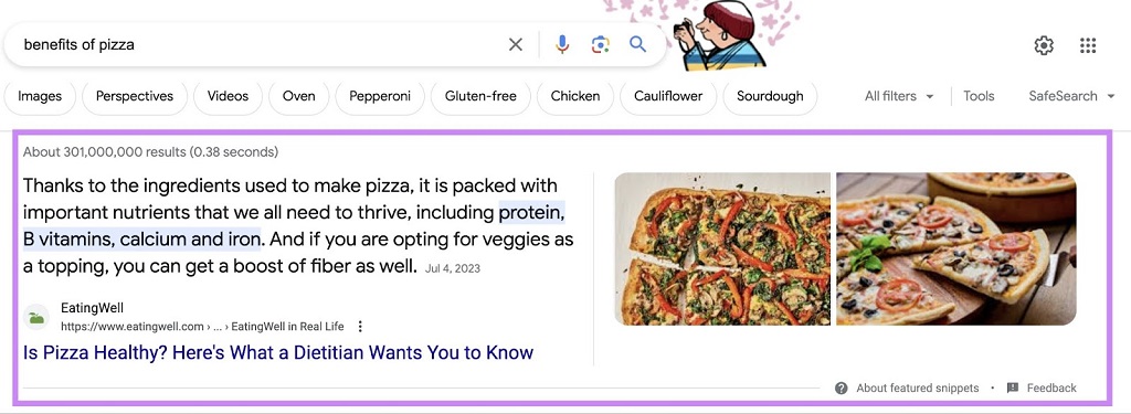 SEO On-Page : Qu'est-ce que c'est et comment le faire ? - Un extrait sélectionné sur Google SERP pour la requête « avantages de la pizza »
