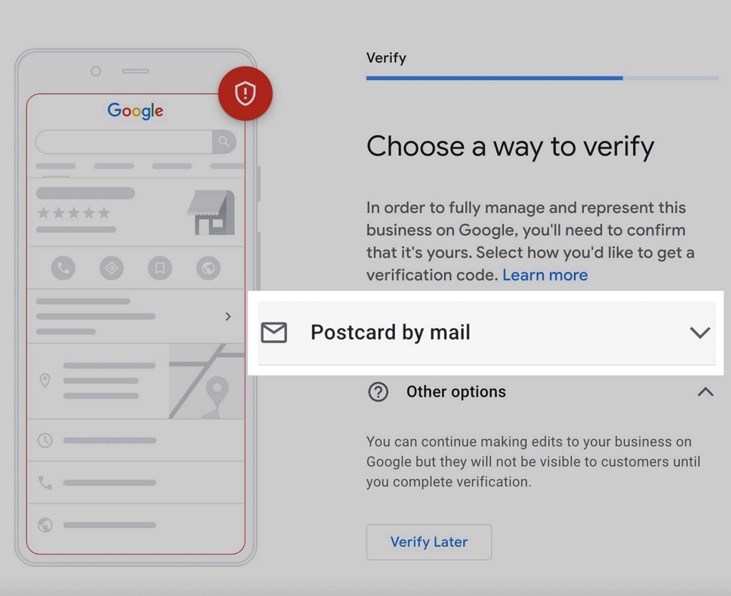 Google my Business : Guide du profil d'entreprise - sélectionner une carte postale par mail