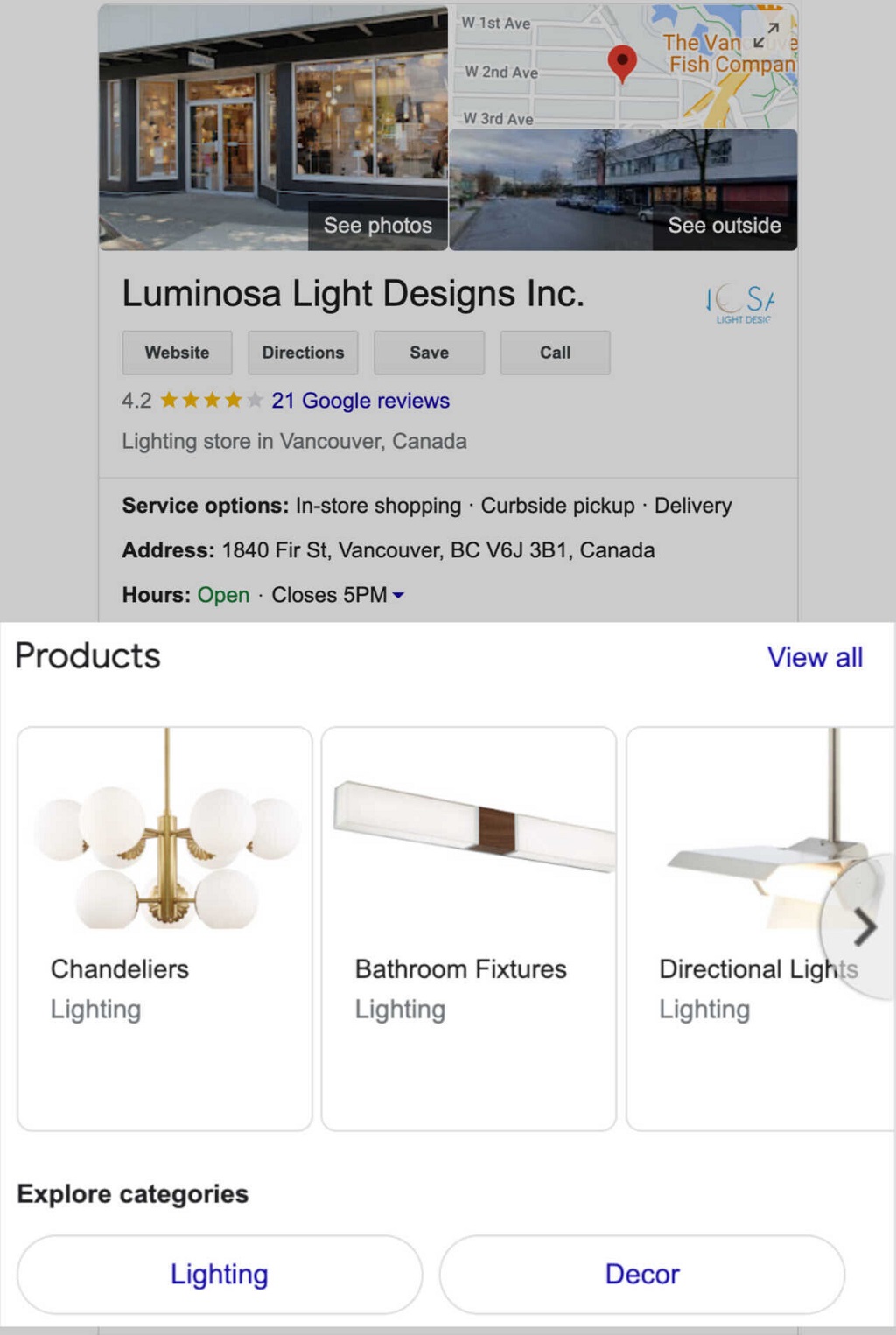 Google my Business : Guide du profil d'entreprise - Produits Google de Luminosa Light Designs Inc