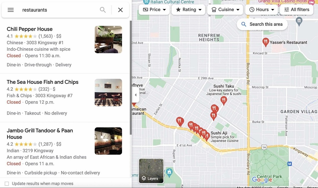 Google my Business : Guide du profil d'entreprise - carte des restaurants