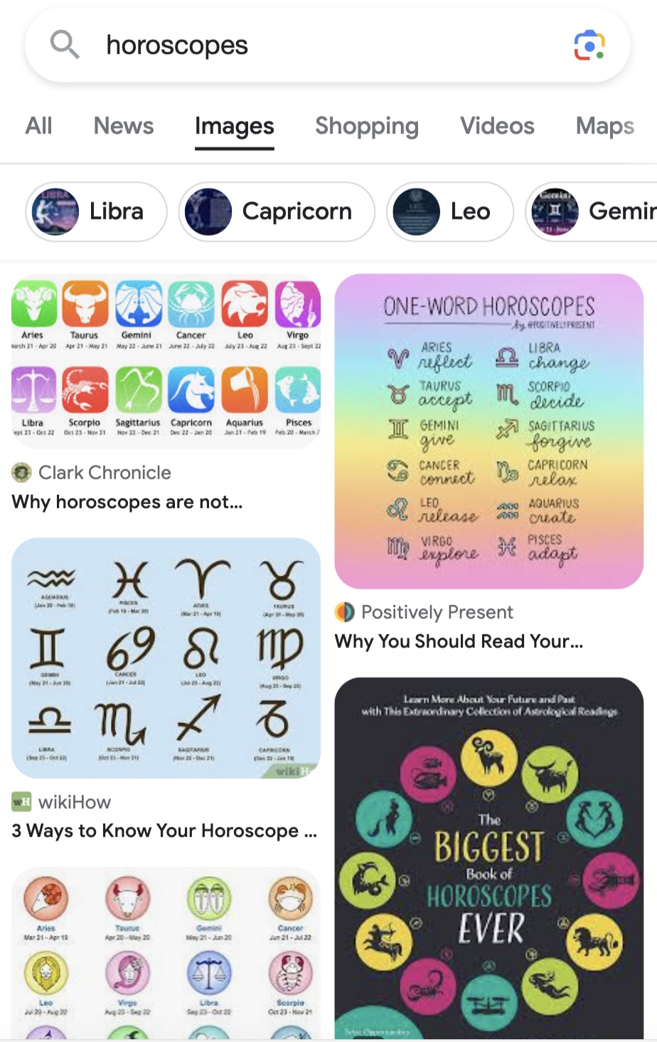 Faire une recherche d'image inversée - Résultats Google « Images » pour les « horoscopes » sur un appareil mobile