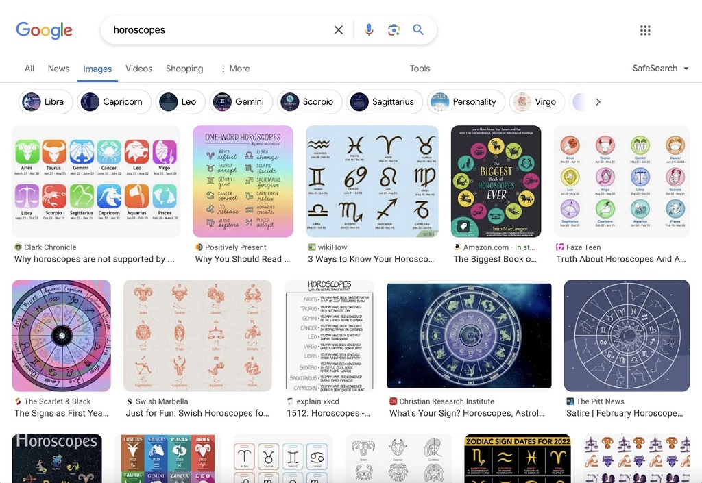 Faire une recherche d'image inversée - Résultats Google « Images » pour les « horoscopes » sur ordinateur