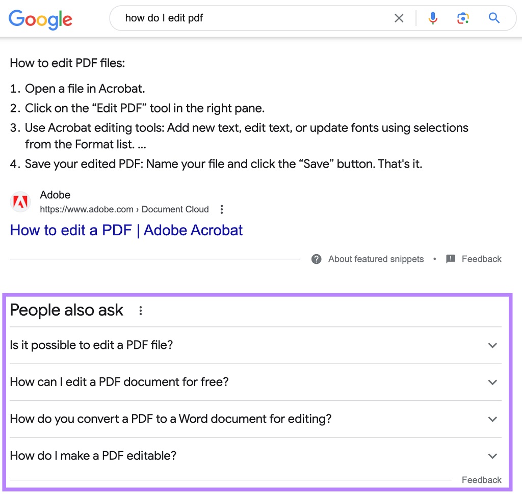 Optimisation de la recherche vocale - un exemple de bloc « Les gens demandent également » dans Google SERP pour « comment éditer un pdf »