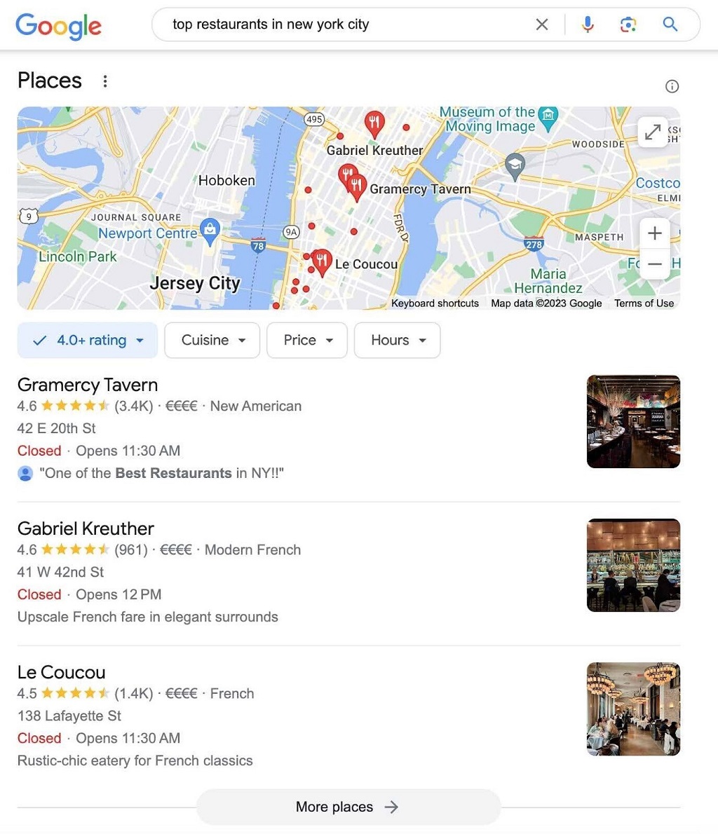Optimisation de la recherche vocale - un exemple de pack local dans Google SERP pour « les meilleurs restaurants de New York »