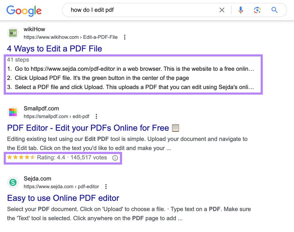 Optimisation de la recherche vocale - un exemple de différentes fonctionnalités SERP dans Google SERP pour "comment modifier un pdf"