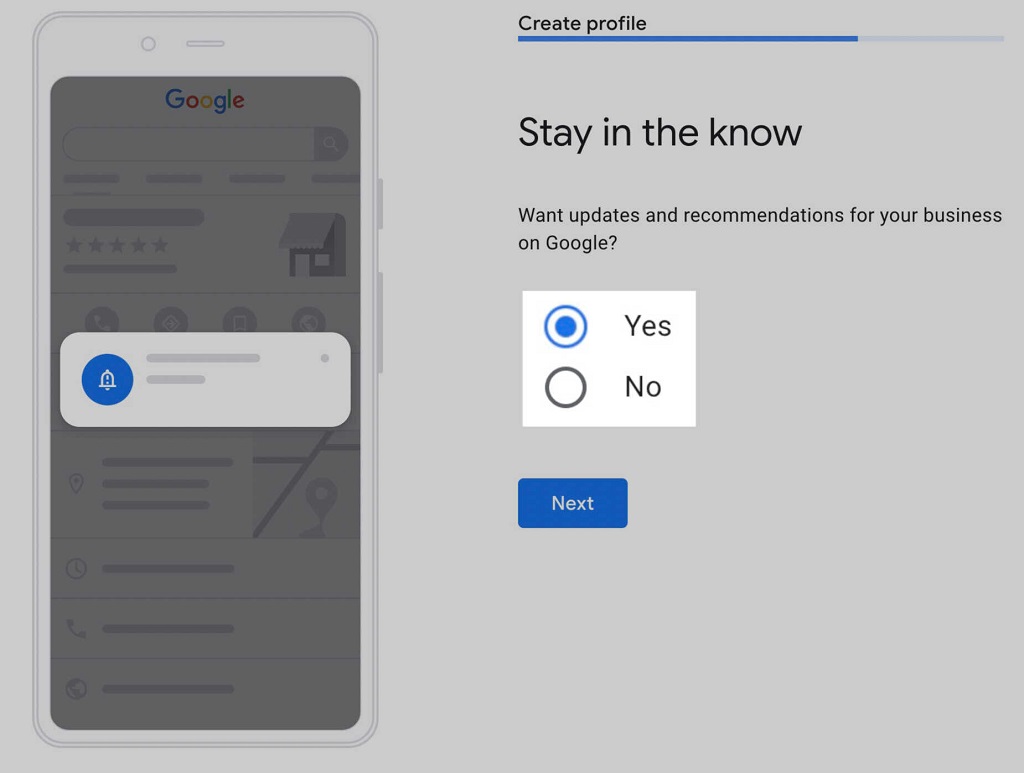 Google my Business : Guide du profil d'entreprise - Sélection de « oui » ou « non » pour les recommandations Google
