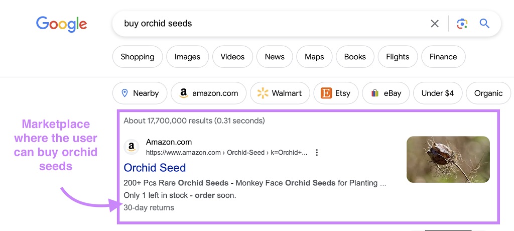 L'intention des mots-clés : qu'est-ce que c'est - Recherche Google pour « acheter des graines d'orchidées »