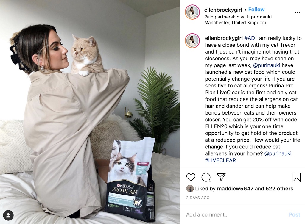 Public cible : Qu'est-ce que c'est et comment trouver le vôtre - un article faisant la promotion de la nourriture pour chats Purina du créateur Instagram @ellenbrockygirl