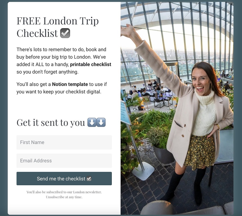 Les Lead Magnets expliqués : Types, exemples et stratégie - Formulaire de liste de contrôle de voyage gratuit de Love and London