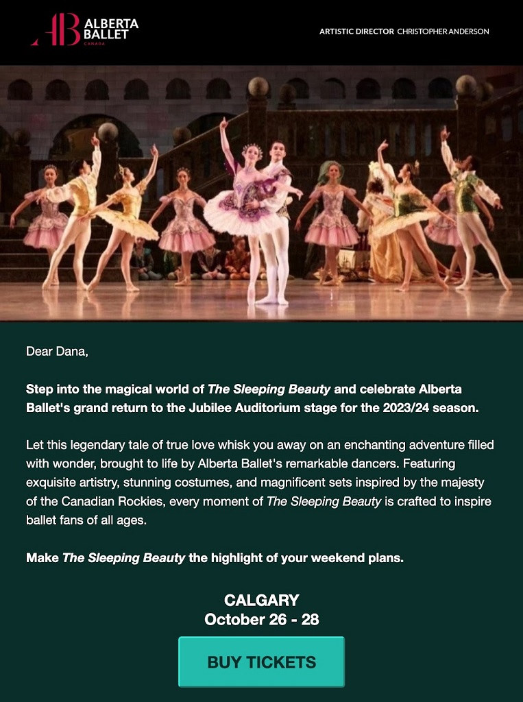 Les Lead Magnets expliqués : Types, exemples et stratégie - Courriel de l'Alberta Ballet faisant la promotion d'un spectacle à venir et de la vente de billets