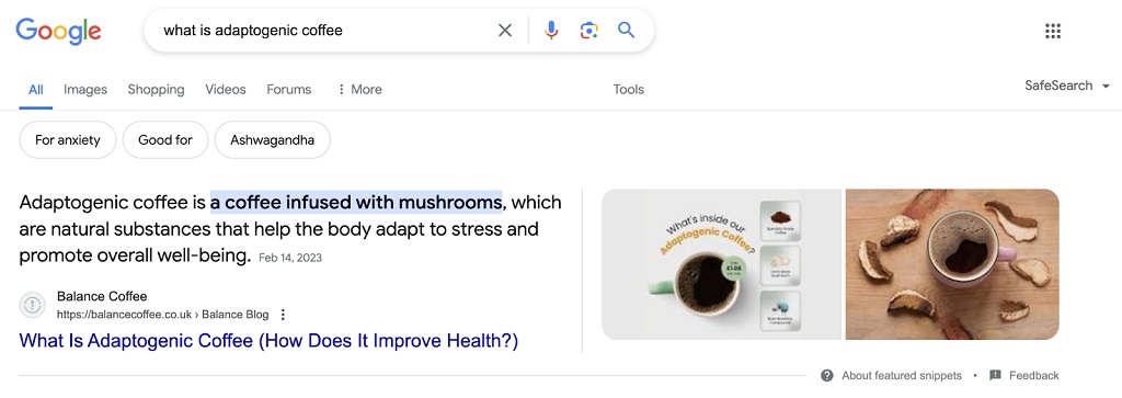 recherches sans clic - la recherche de « qu'est-ce que le café adaptogène » contient un extrait avec deux images