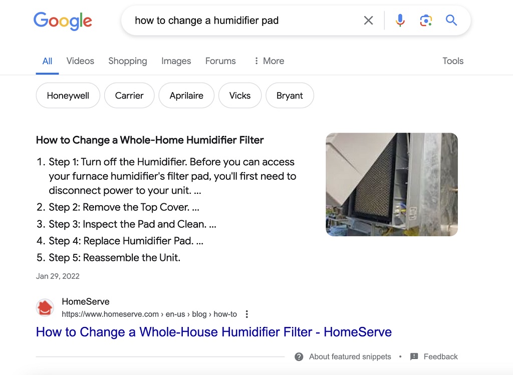 recherches sans clic - la recherche de « comment changer le tampon de l'humidificateur » contient un extrait avec les étapes 1 à 5