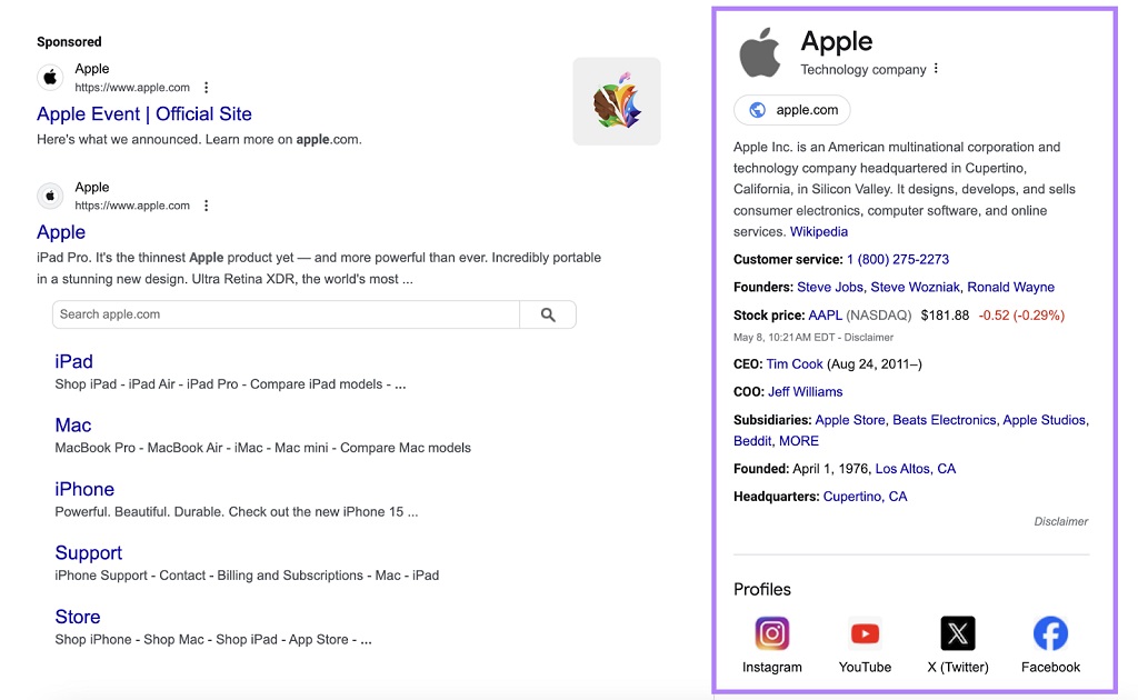 recherches sans clic - la recherche d'Apple affiche les informations sur l'entreprise et les profils sociaux sur le côté droit