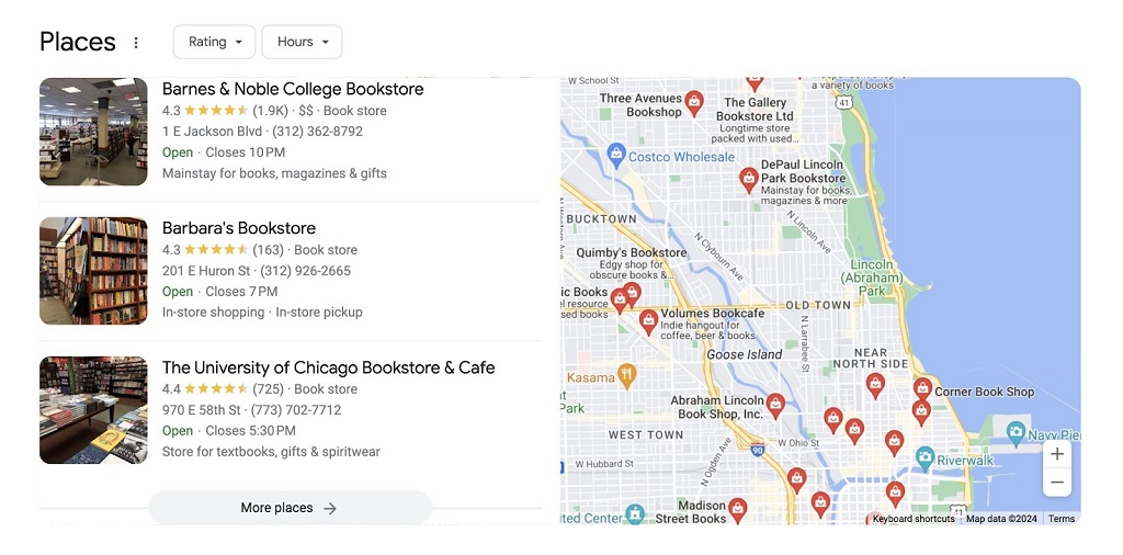 recherches sans clic - Les résultats de Google pour la librairie de Chicago affichent « Lieux » avec une carte dans le SERP