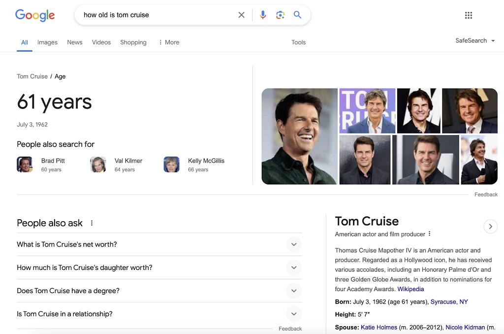 recherches sans clic - en haut du serp, l'âge de Tom Cruise est de 61 ans en grosses lettres grasses